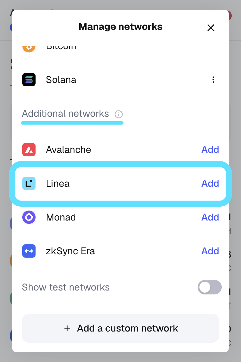 MetaMask extension networks list additional networks add Linea