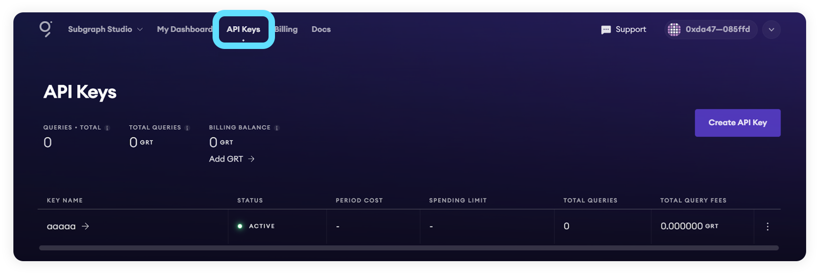 Subgraph Studio API keys tab